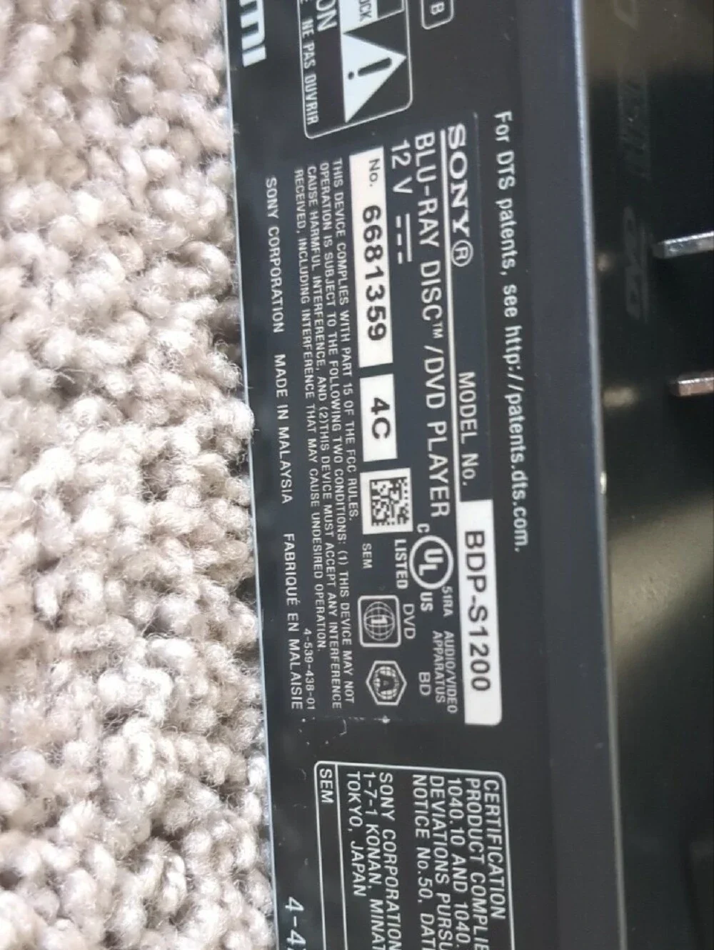 Sony Black Blu-ray/DVD Player with Remote and Cables